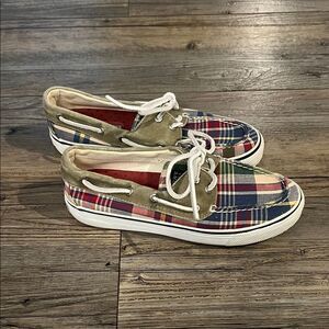 Sperry Multicolor Plaid Mules with Olive Accents